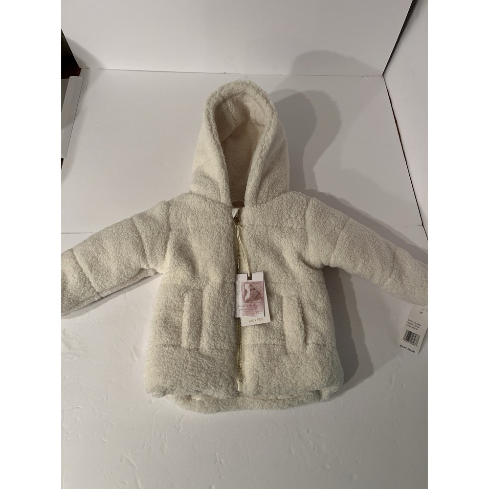 Jessica Simpson Girls 2T Cream Teddy Fleece Faux Fur Hooded Jacket Coat NWT